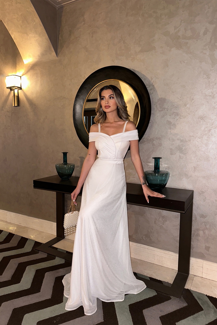 Beyaz Prenses Yaka Uzun Abiye Elbise ATE6512 - EYYO