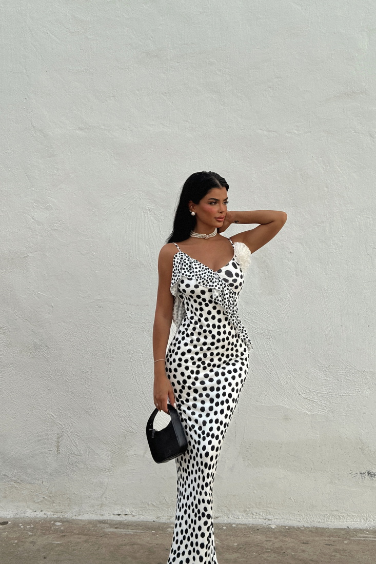 Beyaz Larina Puantiye Elbise ATE-1578 - EYYO