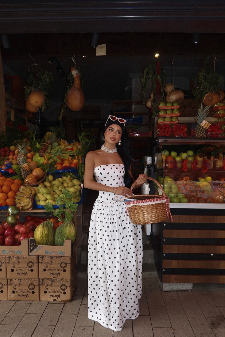 Beyaz Tara Puantiyeli Uzun Elbise ATE-2477 - EYYO