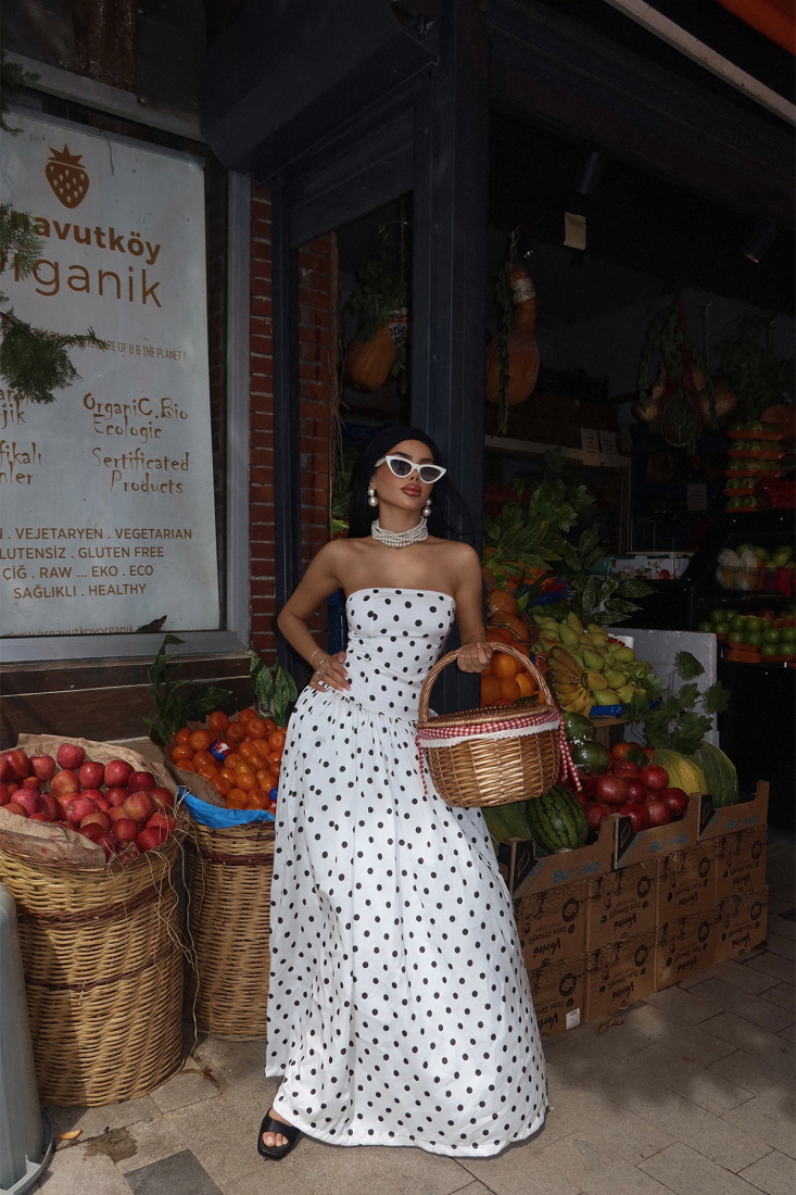 Beyaz Tara Puantiyeli Uzun Elbise ATE-2477 - EYYO