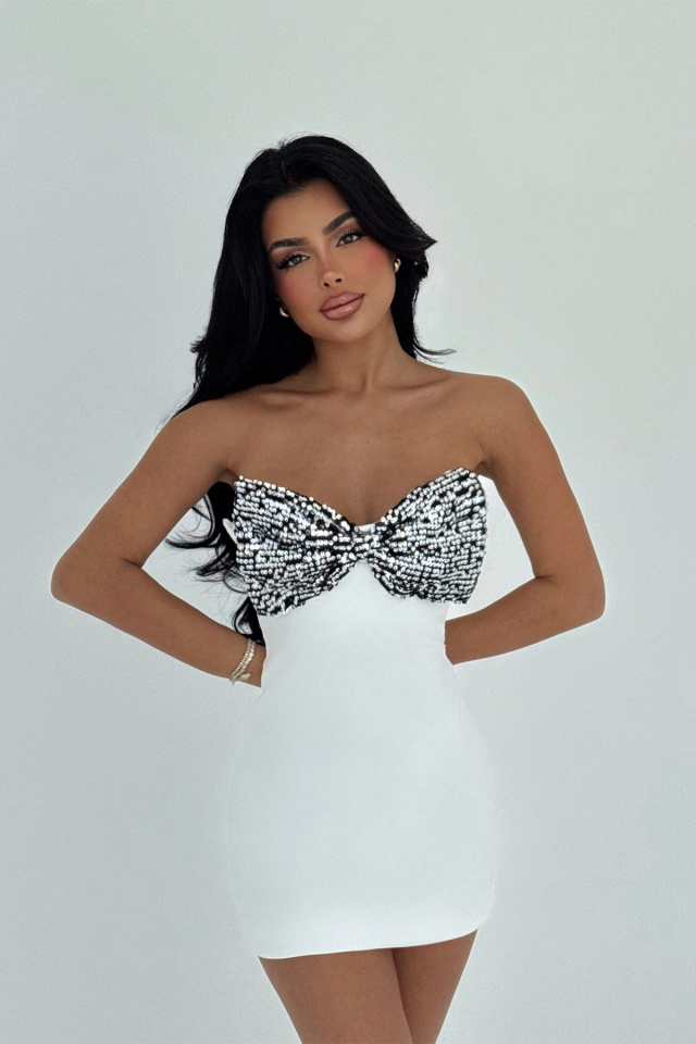 Beyaz Davia Fiyonklu Mini Elbise ATE-2820 - 1