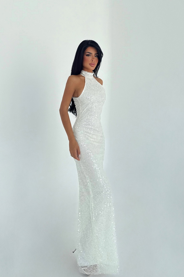 Beyaz Azzurra Payetli Uzun Elbise ATE-3315 - 2