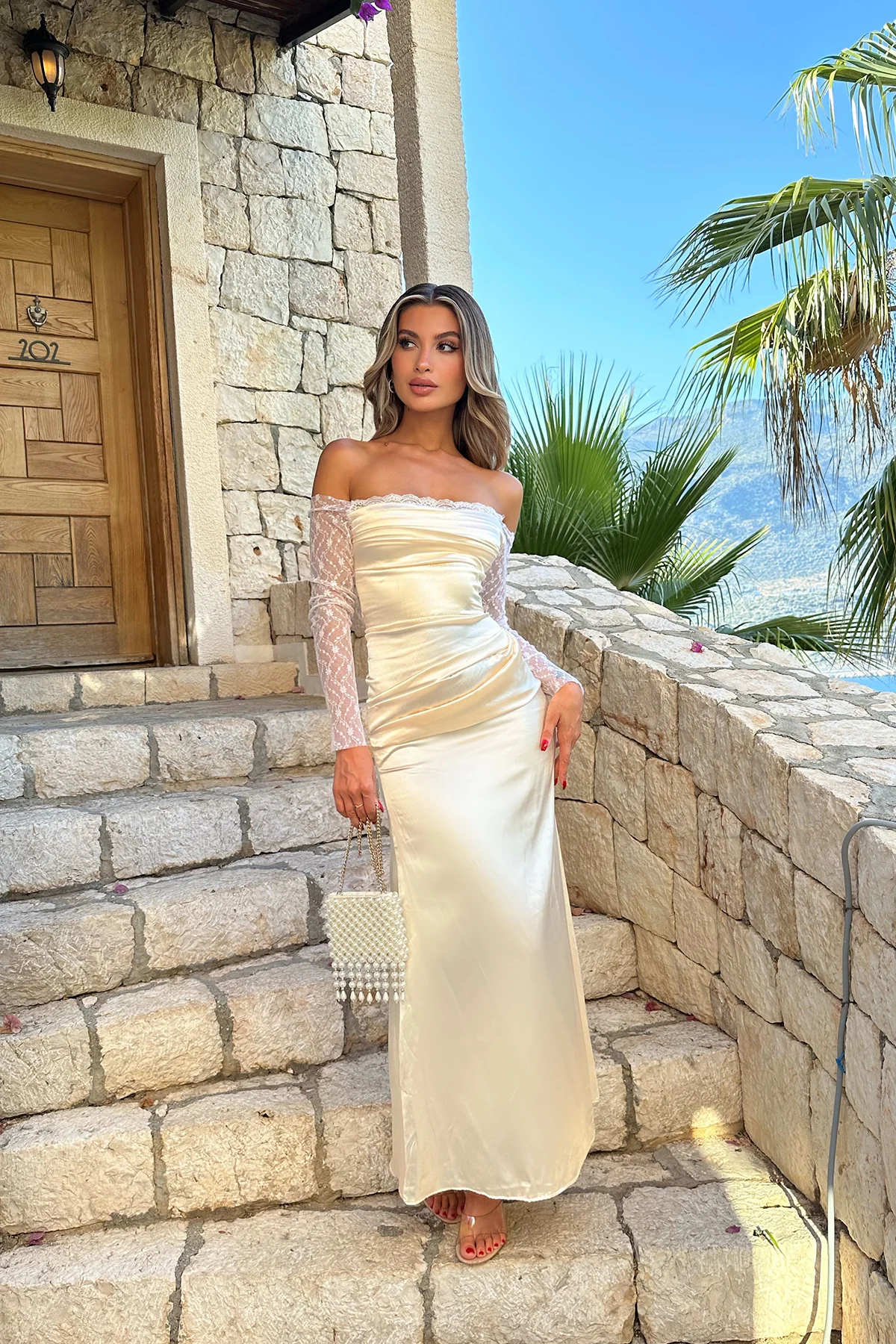 Bej Saten Kolları Tül Elbise ATE7710 