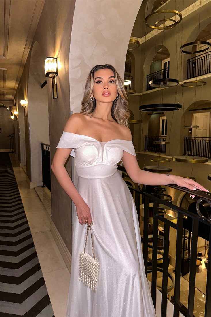 Beyaz Simli Tül Uzun Abiye Elbise ATE6538 - EYYO