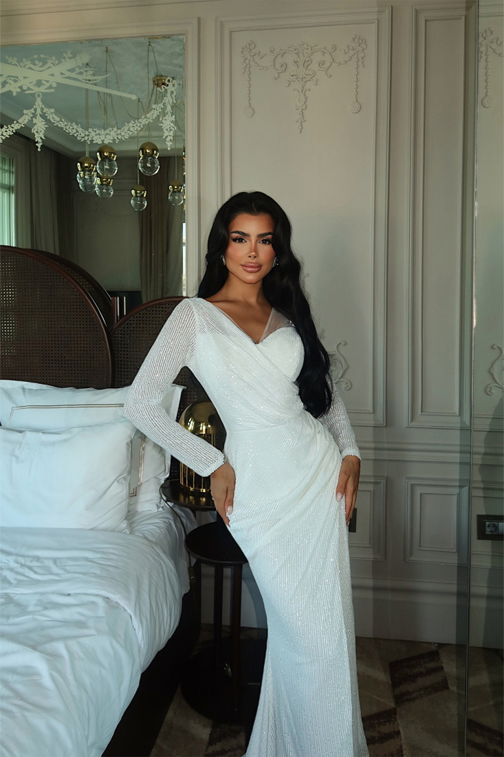 Beyaz Tamera Uzun Kollu Payetli Abiye ATE-3416 - EYYO