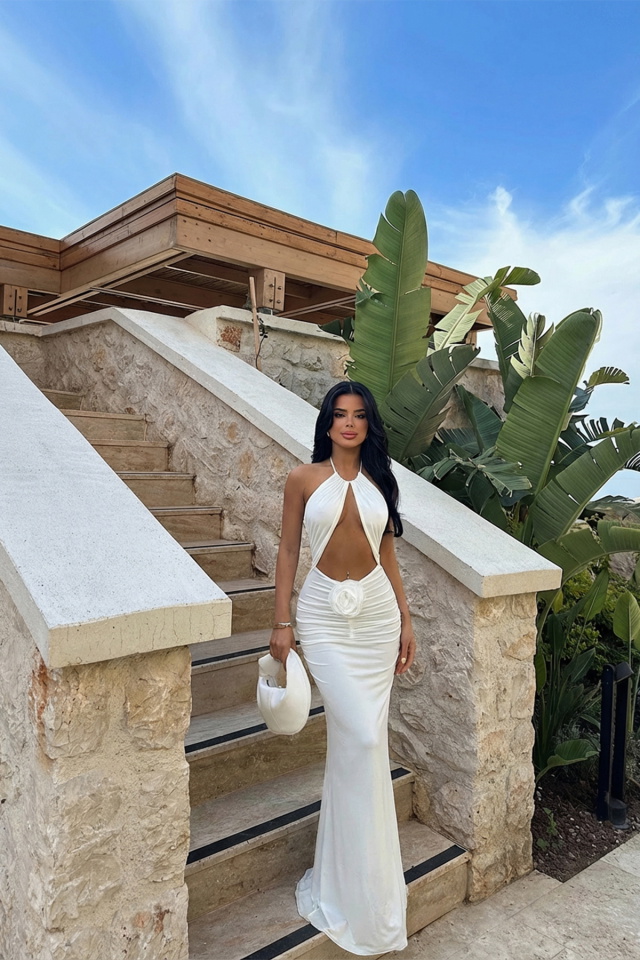 Beyaz Kalika Gül Detay Elbise ATE-1520 