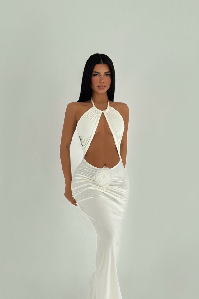 Beyaz Kalika Gül Detay Elbise ATE-1520 - 2