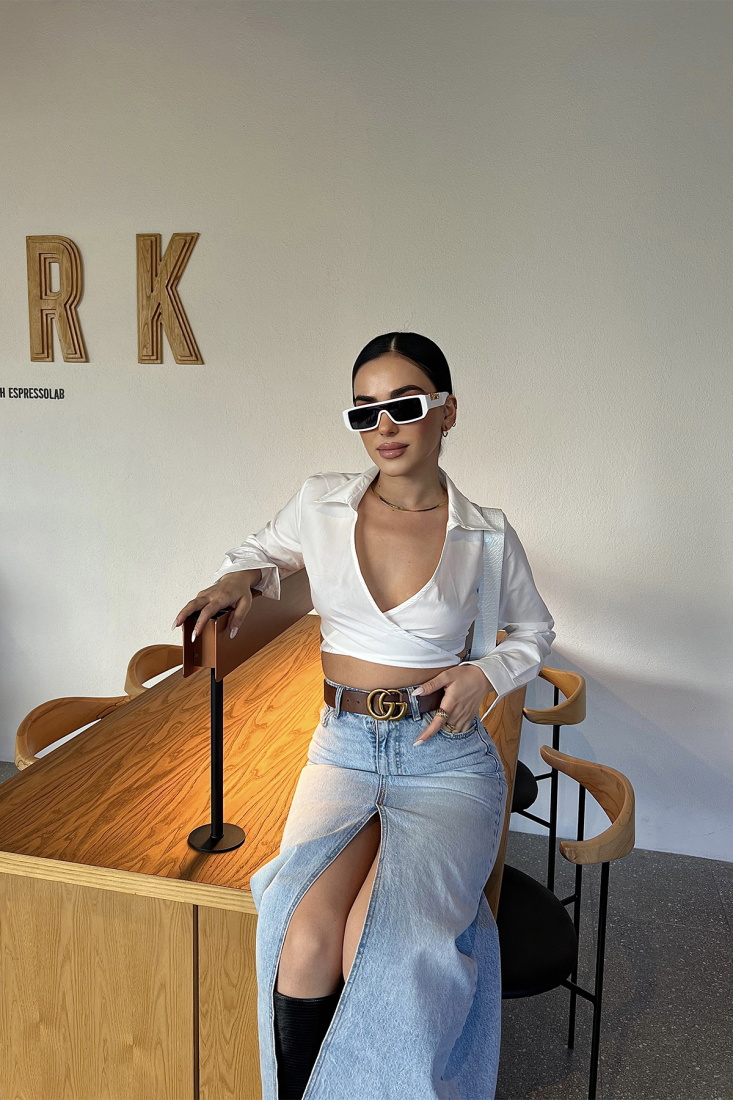 Beyaz Sırt Detay Gömlek Yaka Crop Top ATE3832 - EYYO