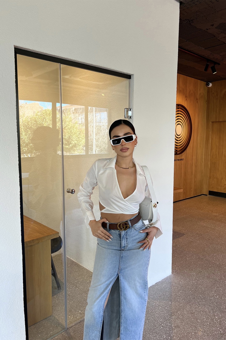 Beyaz Sırt Detay Gömlek Yaka Crop Top ATE3832 - EYYO