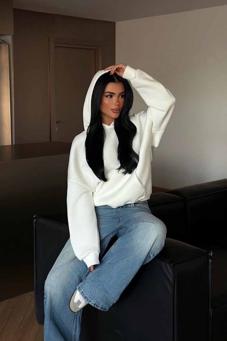 Beyaz Lowell taşlı sweatshirt ATE-4516 - EYYO