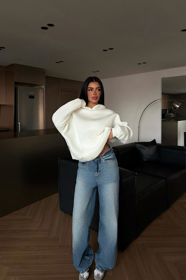 Beyaz Lowell taşlı sweatshirt ATE-4516 - EYYO