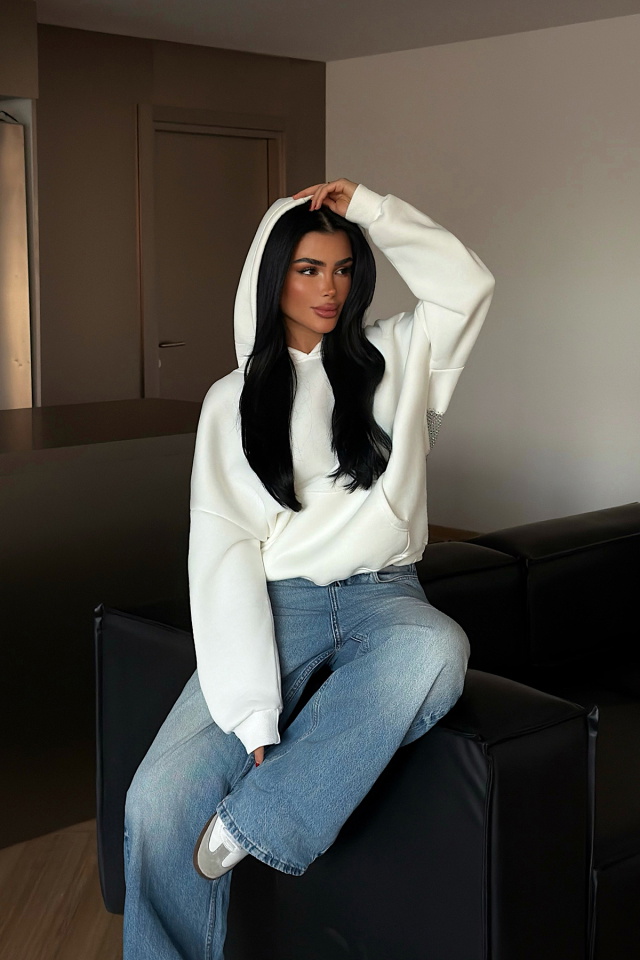 Beyaz Lowell taşlı sweatshirt ATE-4516