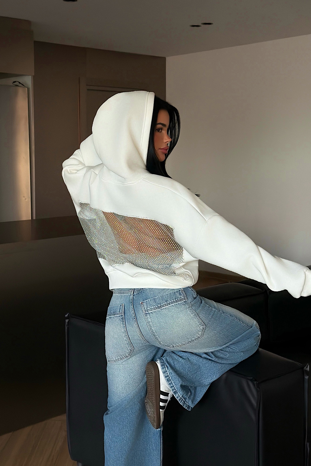 Beyaz Lowell taşlı sweatshirt ATE-4516 - 1