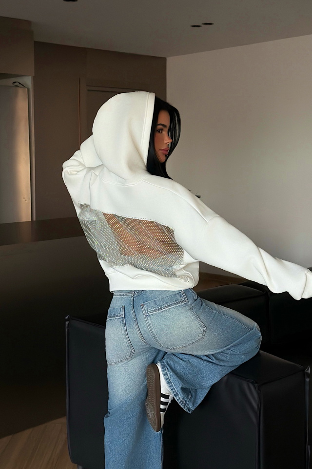 Beyaz Lowell taşlı sweatshirt ATE-4516