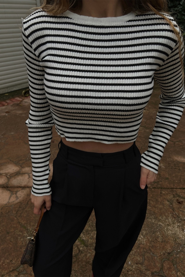 Beyaz Siyah Çizgili Crop Top ATE2649 - 2