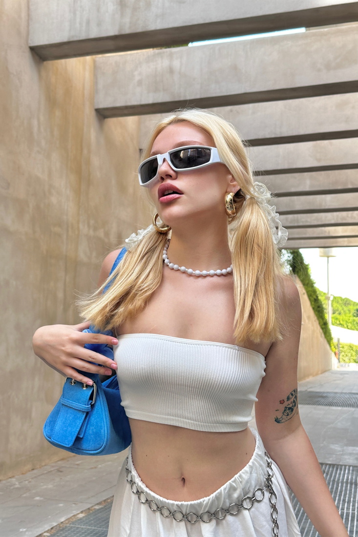 Beyaz Straplez Crop Top ATE7560 - EYYO