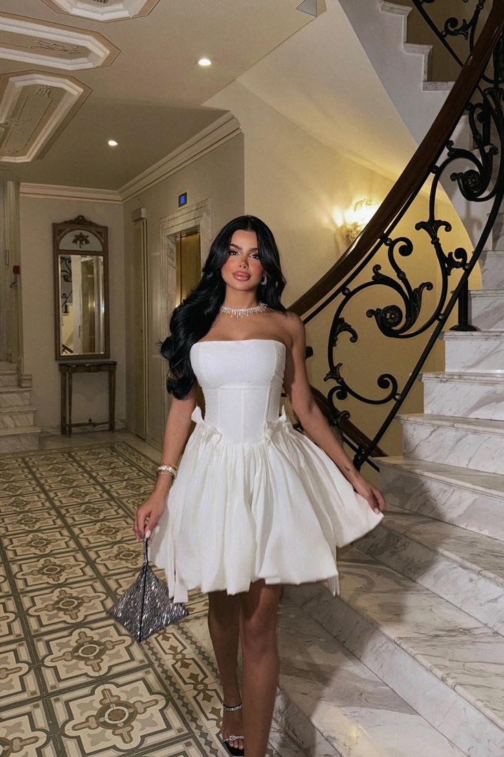 Beyaz Olya Straplez Balon Elbise ATE-2151 - EYYO