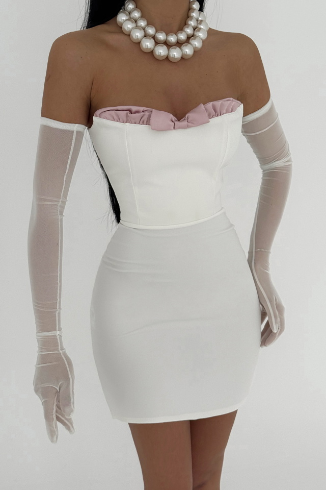 Beyaz Rebeca Fiyonk Detay Mini Elbise ATE-2587 - 6