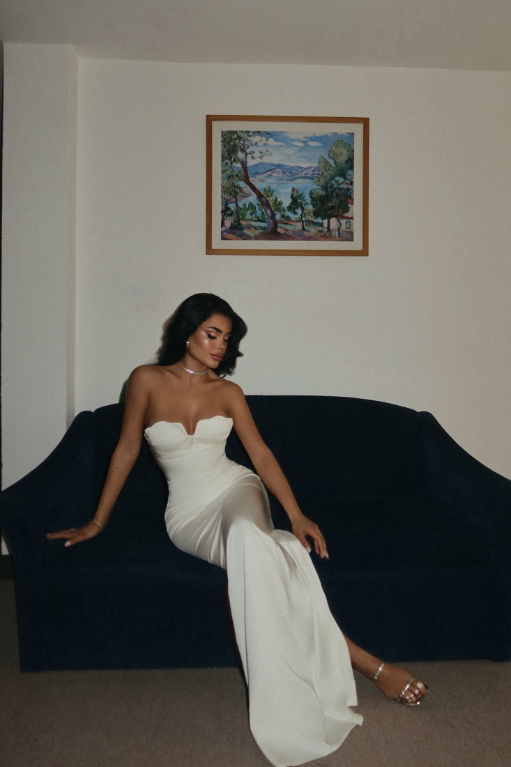 Beyaz Galian Straplez Uzun Elbise ATE-2362 - EYYO