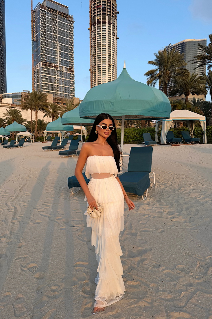 Beyaz Saroja Uzun Kat Kat Tül Elbise ATE-3529 - EYYO