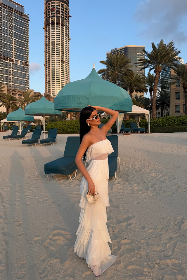 Beyaz Saroja Uzun Kat Kat Tül Elbise ATE-3529 - 2