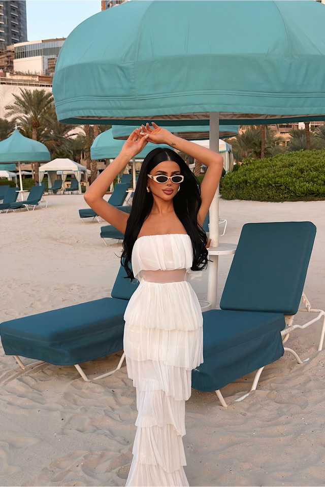 Beyaz Saroja Uzun Kat Kat Tül Elbise ATE-3529 - 3