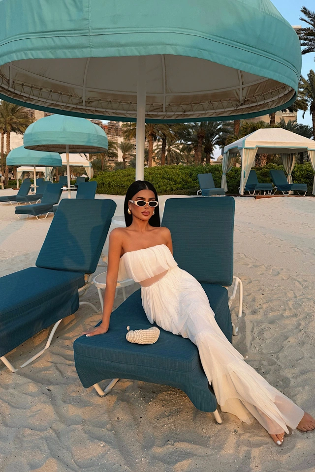 Beyaz Saroja Uzun Kat Kat Tül Elbise ATE-3529 - 4