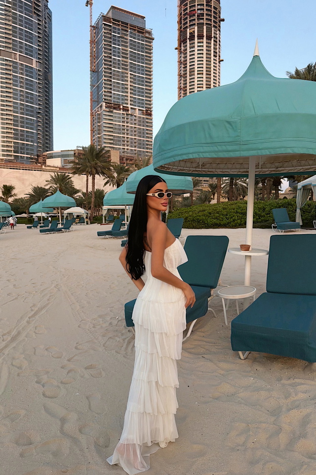 Beyaz Saroja Uzun Kat Kat Tül Elbise ATE-3529 - 5