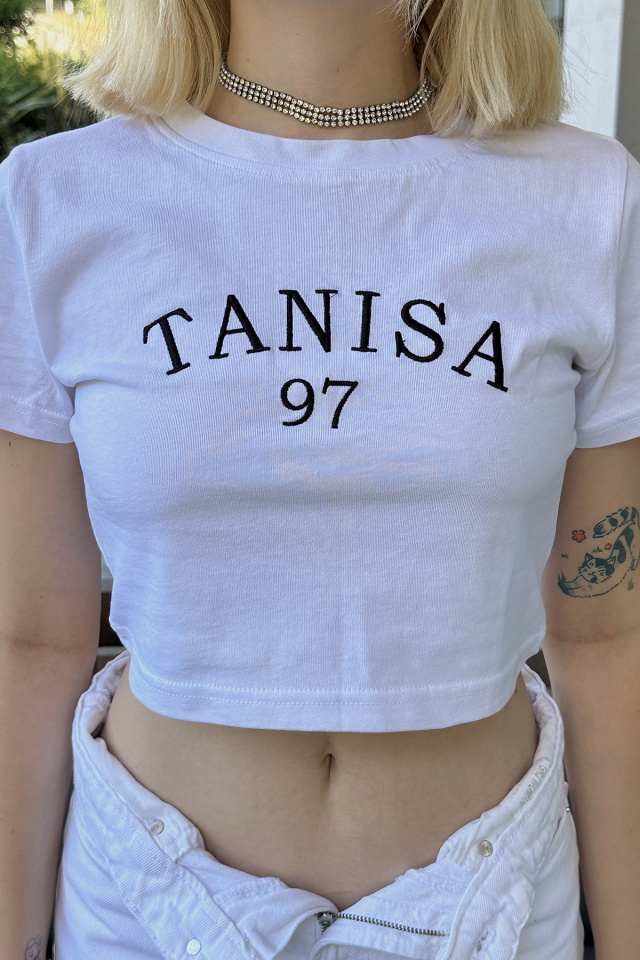 Beyaz Tanisa Yazılı Crop Top ATE4624 - 2