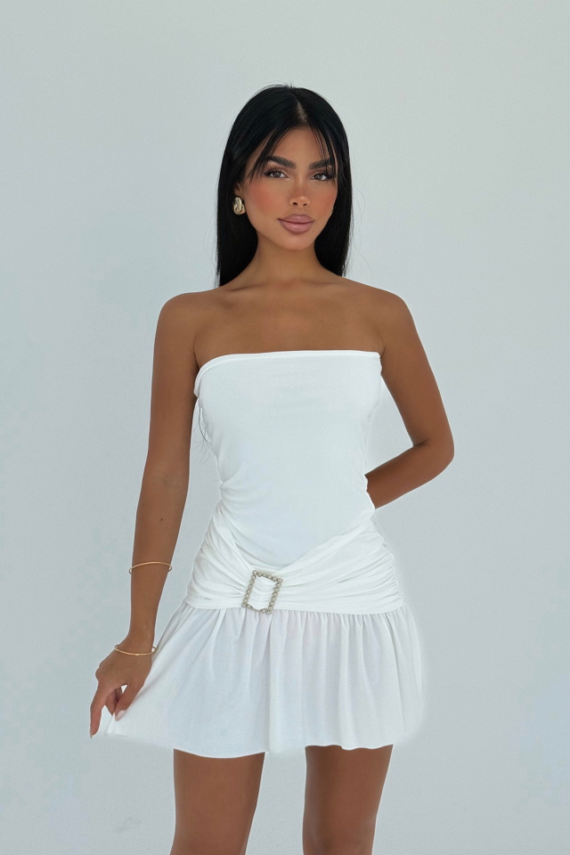 Beyaz Jody Mini Taş Aksesuarlı Elbise ATE-3133 - 1