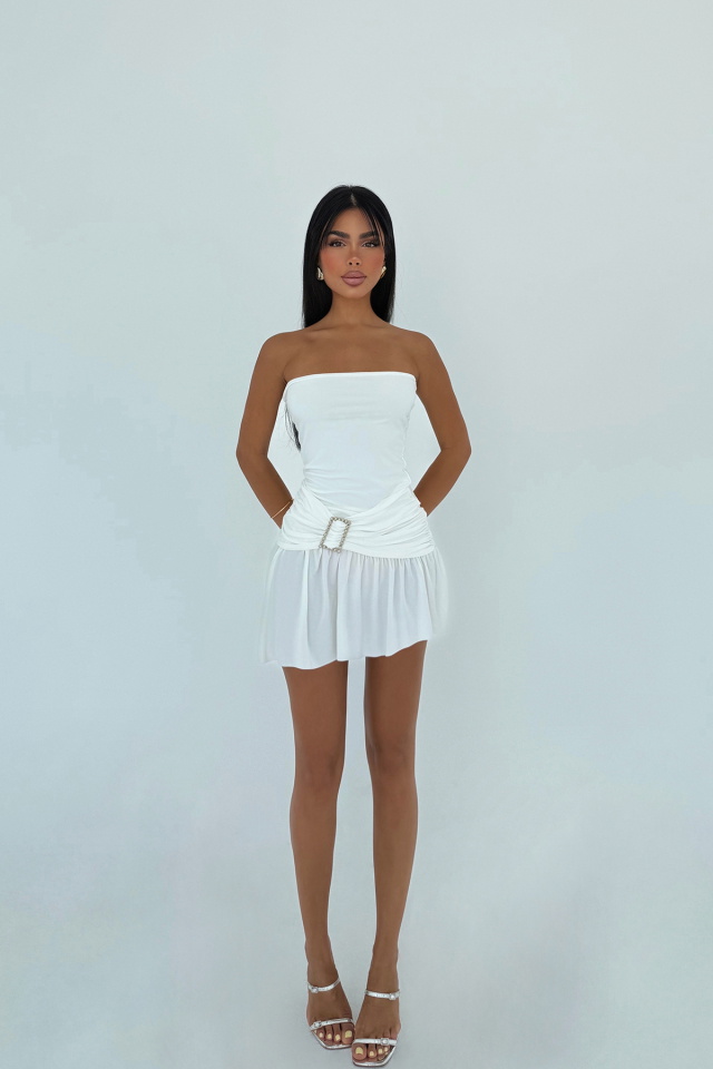 Beyaz Jody Mini Taş Aksesuarlı Elbise ATE-3133 - 6