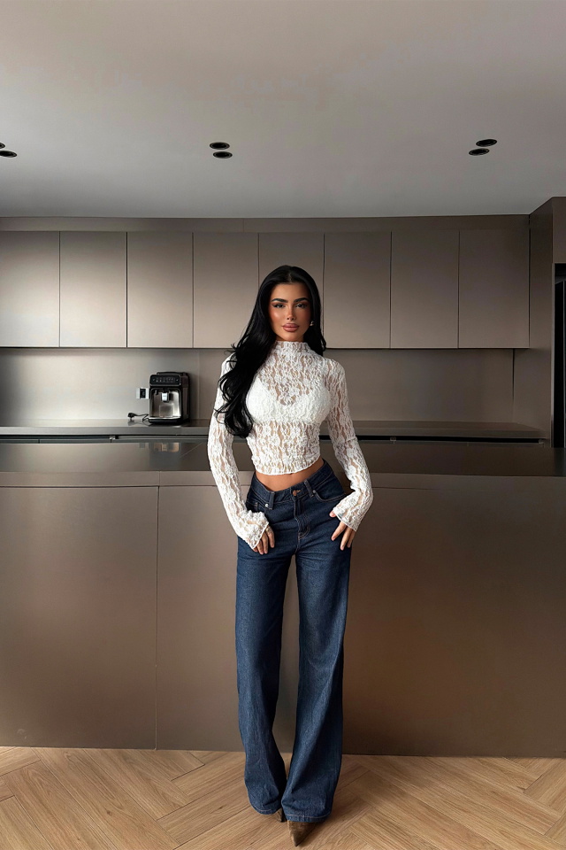 Beyaz Raquel Dantel Transparan Bluz