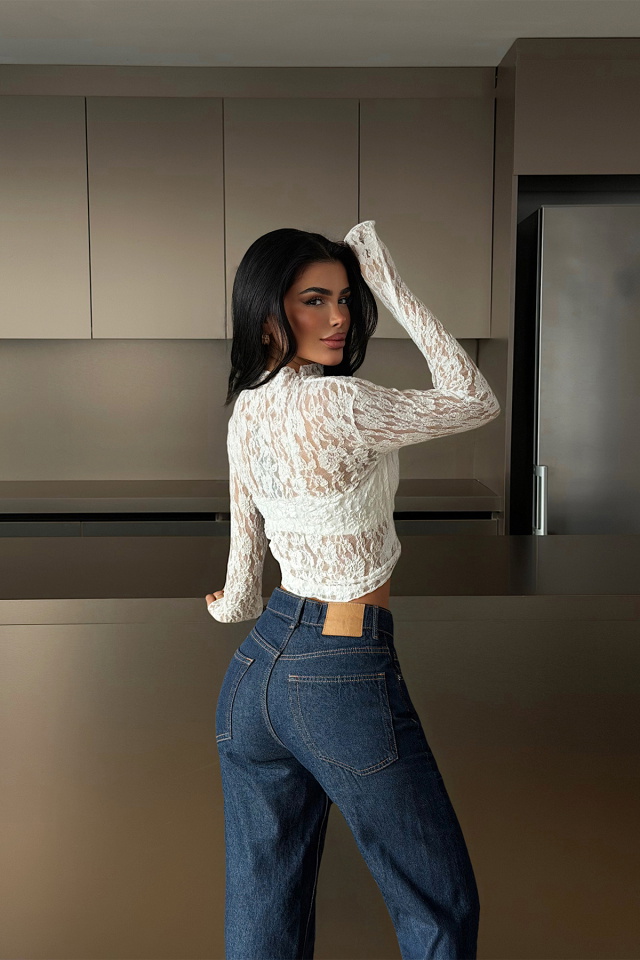 Beyaz Raquel Dantel Transparan Bluz