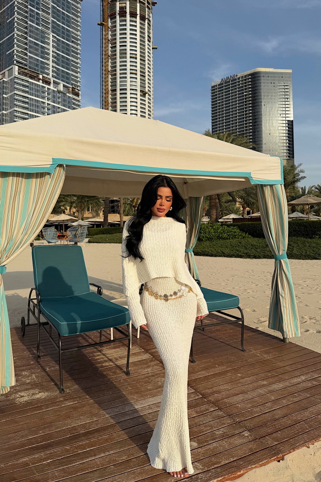 Beyaz Majorella Uzun Triko Elbise ATE-4652 - 2