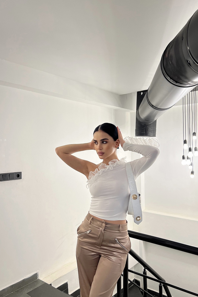 Beyaz Tül Detay Crop Top ATE3737 -