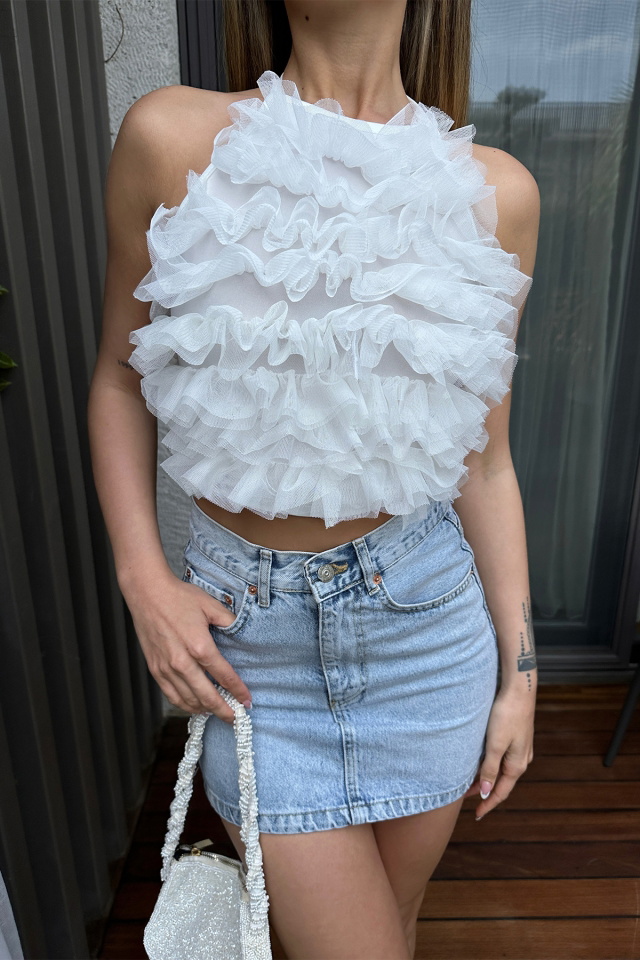 Beyaz Tül Detay Crop Top ATE6344 - 2