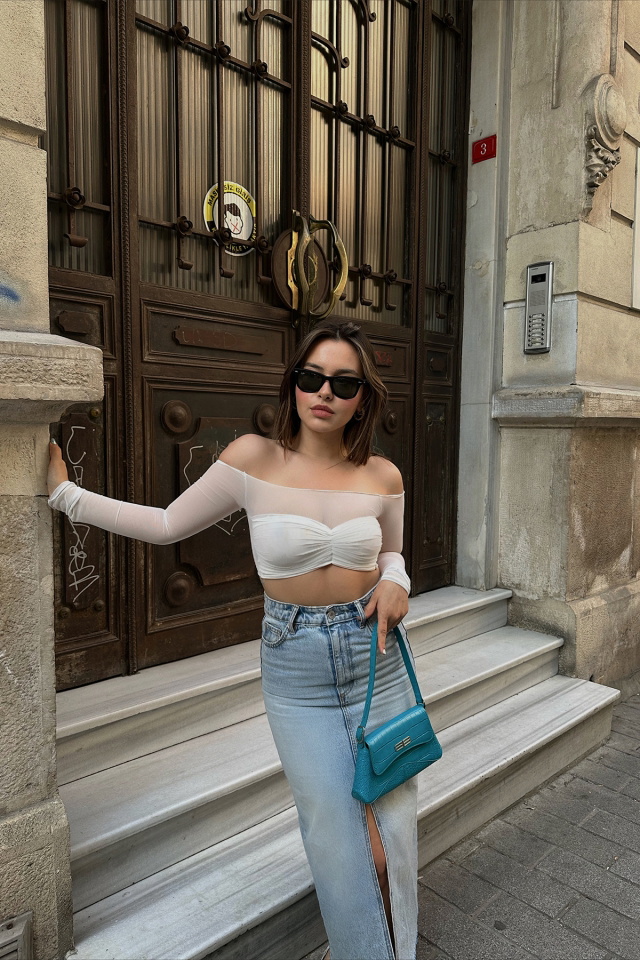 Beyaz Tül Detay Crop Top ATE6649 - 6