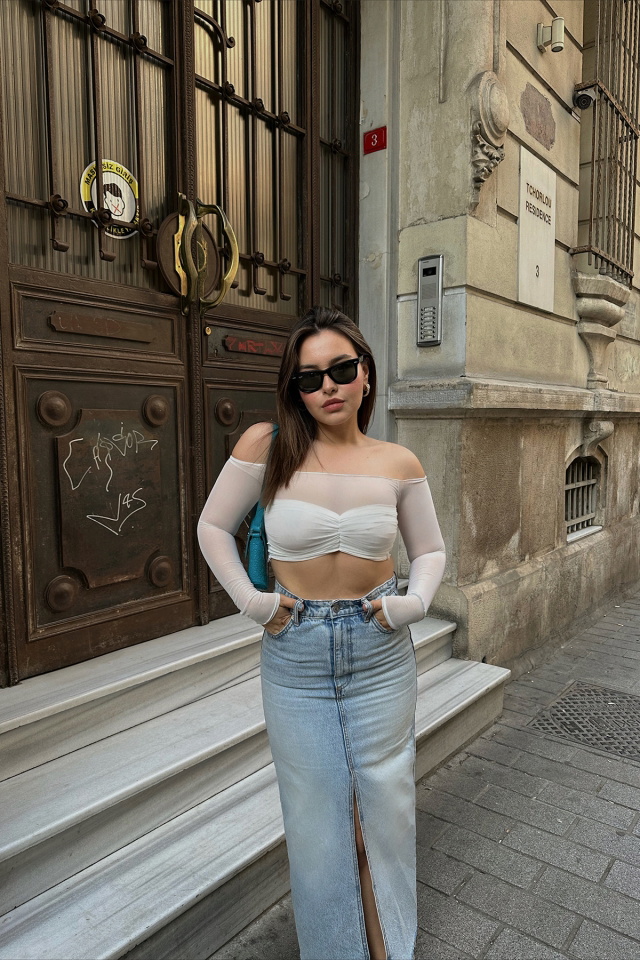 Beyaz Tül Detay Crop Top ATE6649 - 5