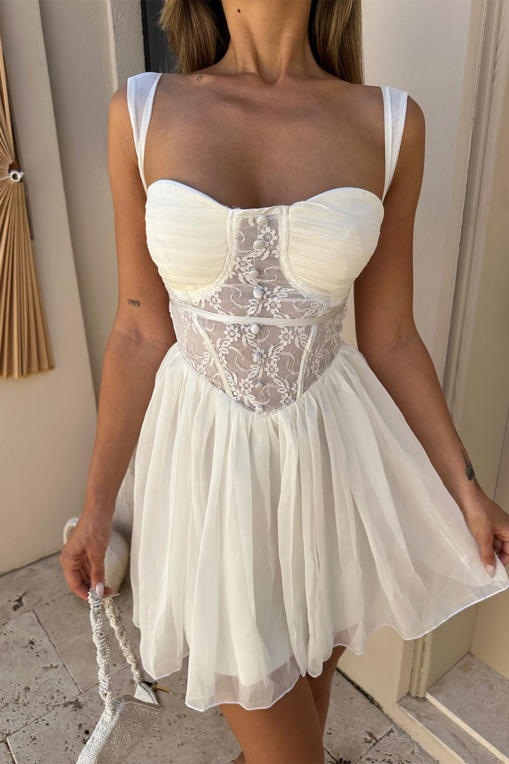 Beyaz Tül Detay Mini Elbise ATE7512 - EYYO