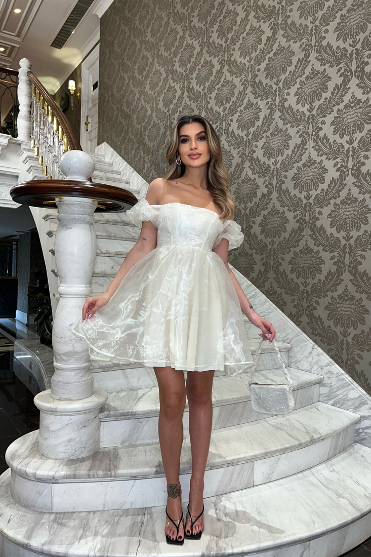 Beyaz Tül Mini Elbise ATE4042 - EYYO