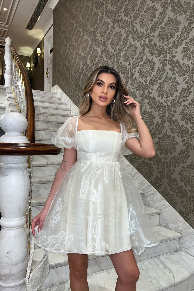 Beyaz Tül Mini Elbise ATE4042 