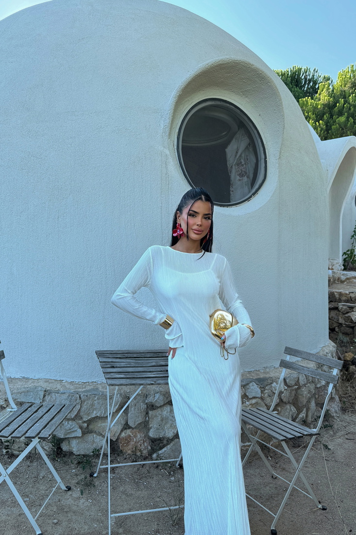 Beyaz Mirela Piliseli Uzun Elbise ATE-1383 - EYYO