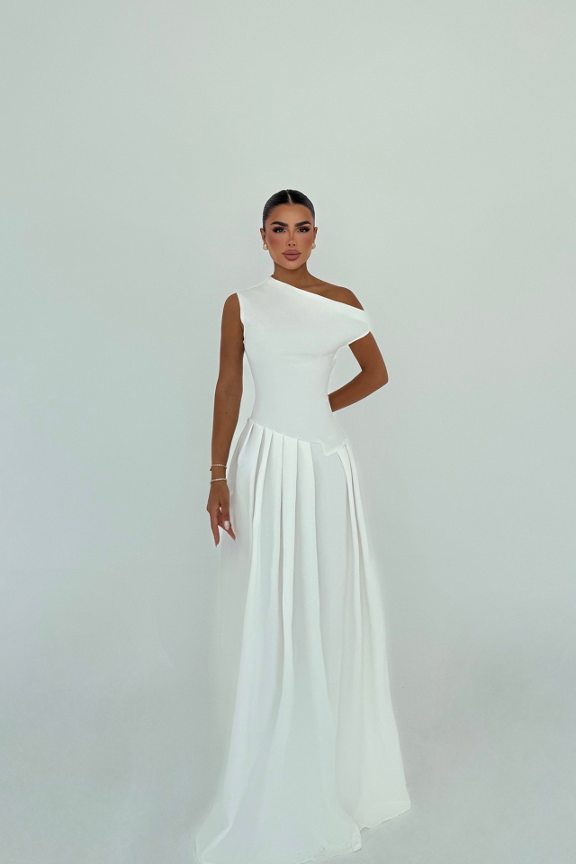Beyaz Bimala Kayık Yaka Elbise ATE-2929 - 1