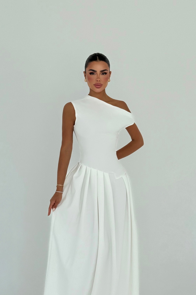 Beyaz Bimala Kayık Yaka Elbise ATE-2929 - 6