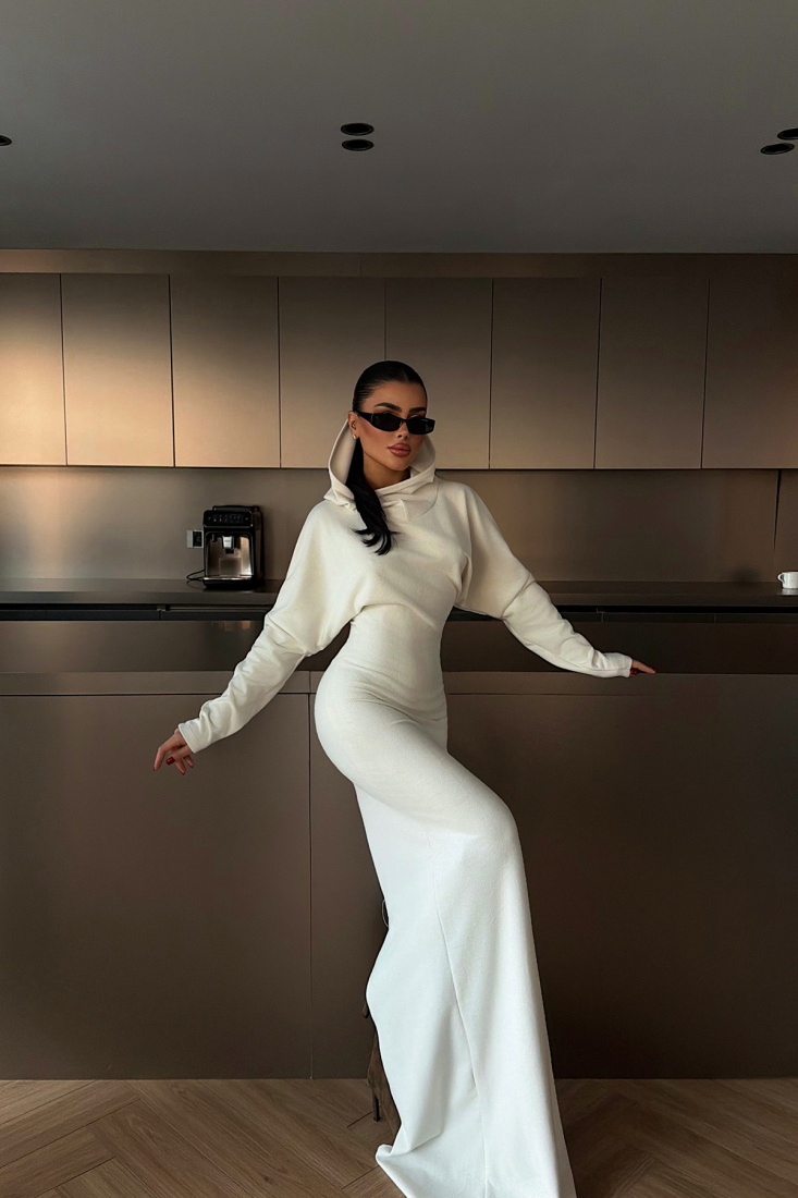 Beyaz Magma Uzun Kapüşonlu Elbise ATE-4363 - EYYO