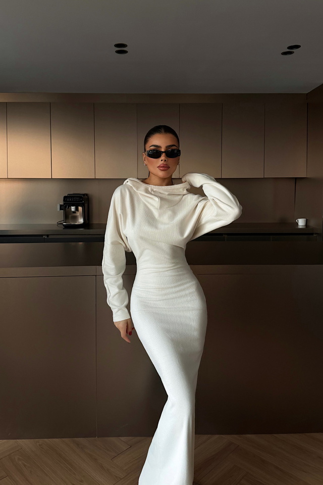 Beyaz Magma Uzun Kapüşonlu Elbise ATE-4363 - 3