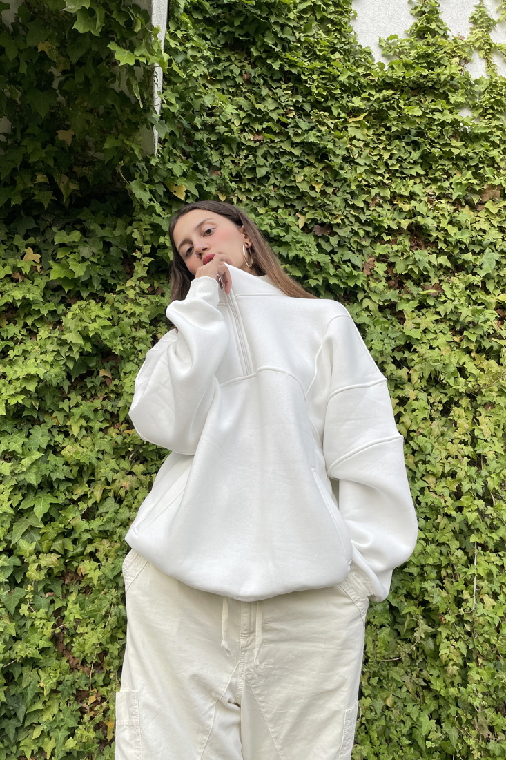 Beyaz Yarım Fermuarlı Zip Sweatshirt ATE-0036 - Peex