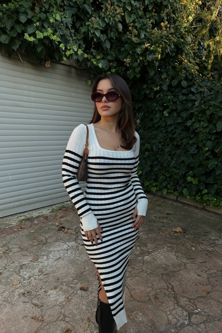 Beyaz Yırtmaç Detay Uzun Elbise ATE2504 - EYYO