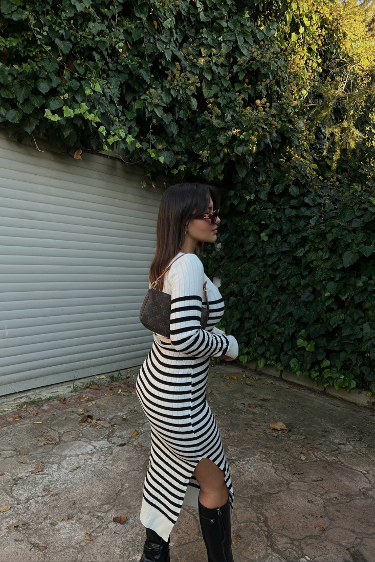 Beyaz Yırtmaç Detay Uzun Elbise ATE2504 - EYYO