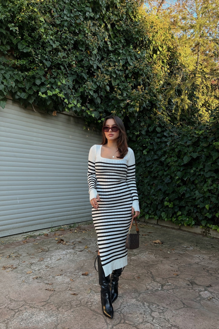 Beyaz Yırtmaç Detay Uzun Elbise ATE2504 - EYYO